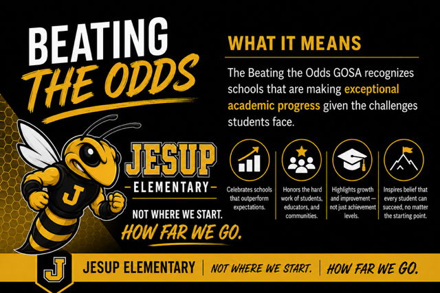 Infographic with JES Yellow Jacket announcing the school as Beating the Odds