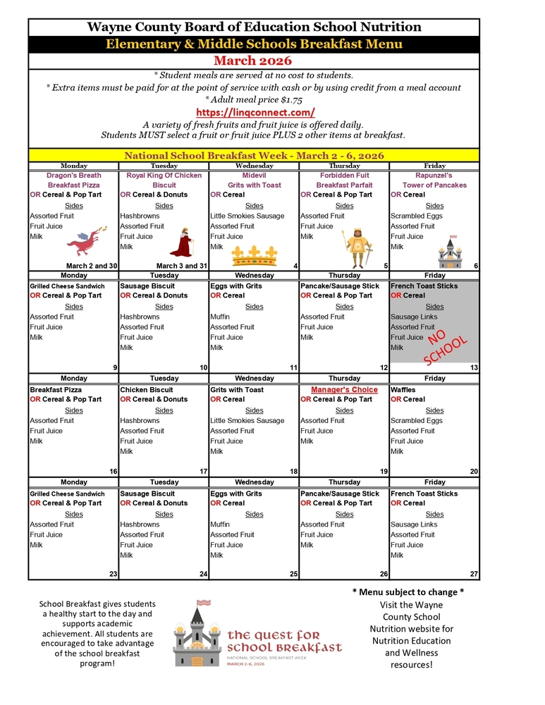 March Breakfast Menu