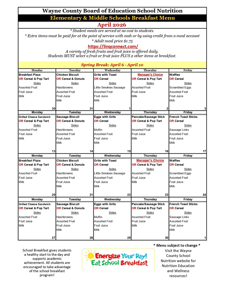 Elementary Breakfast Menu