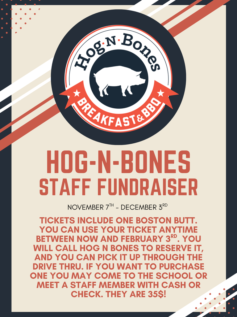 Light Tan flyer with white, red, and black accents. Circular logo with business name, Hog n Bones, at the top and an image of a pig in the middle.  Cost of Boston Butt and timeline of sale is included on the flyer.