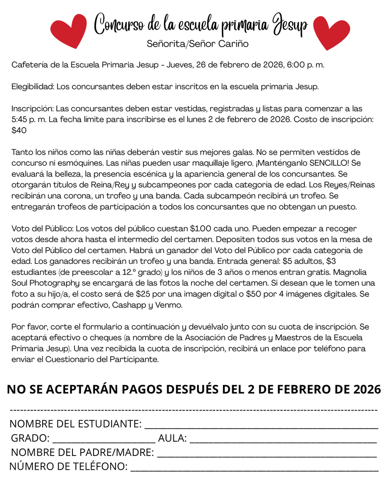 Registration form for pageant in Spanish.