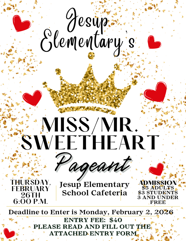 Flyer with sparkly gold crown and red hearts on a gold flecked white background announcing upcoming Miss/Mr. Sweetheart Pageant at JES.