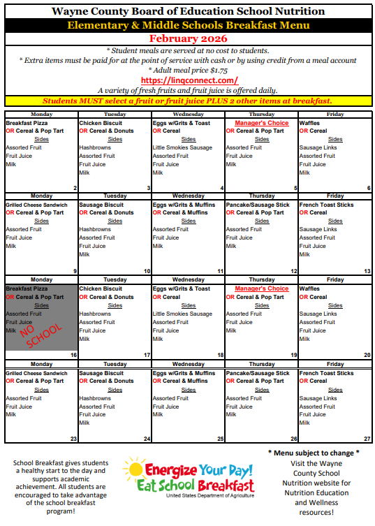 February Breakfast Menu