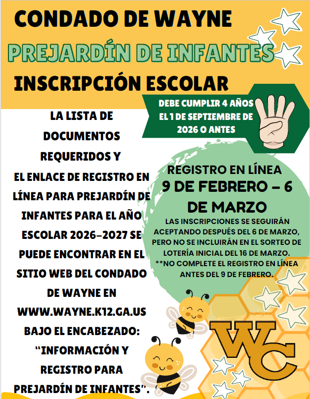 Este es un volante colorido sobre la inscripción para Pre-Kínder. Indica que los niños deben cumplir 4 años en o antes del 1 de septiembre de 2026, y que la inscripción en línea estará abierta del 9 de febrero al 6 de marzo, con un sorteo el 16 de marzo.