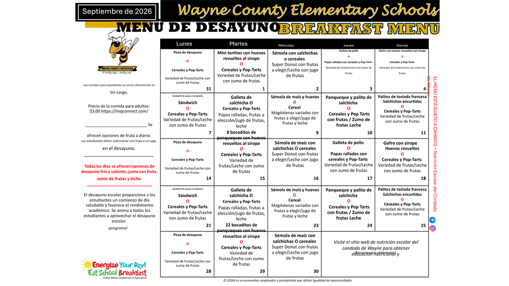 A menu for September 2026 from Wayne County Elementary Schools. The menu is bilingual in English and Spanish.