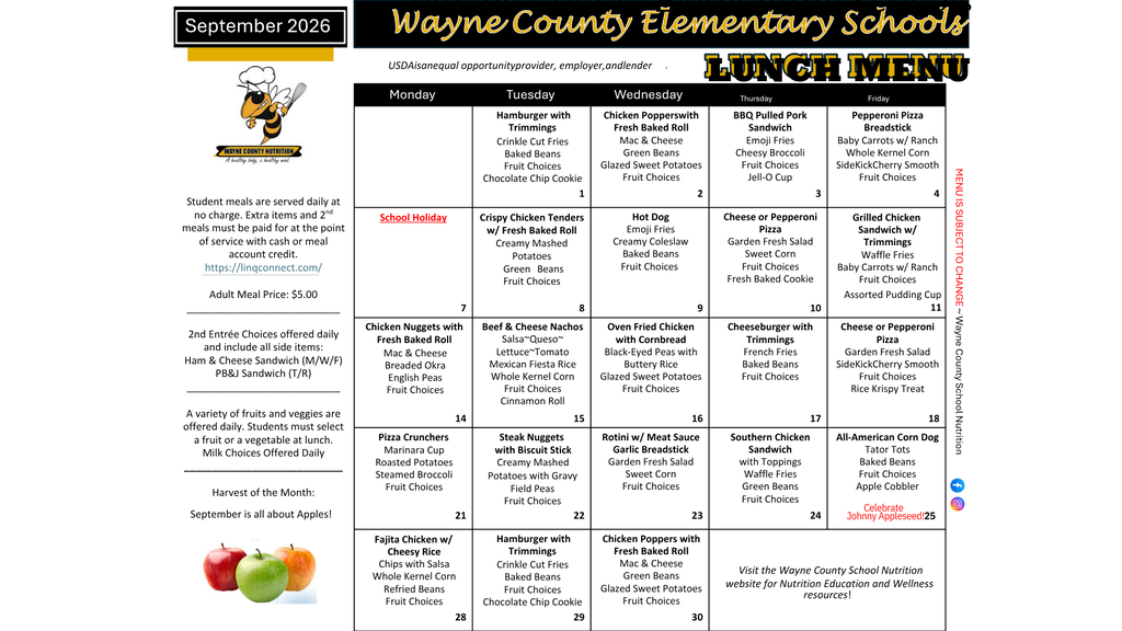 A Wayne County Elementary Schools lunch menu for September 2016. It includes daily meals with colorful apples on the bottom.