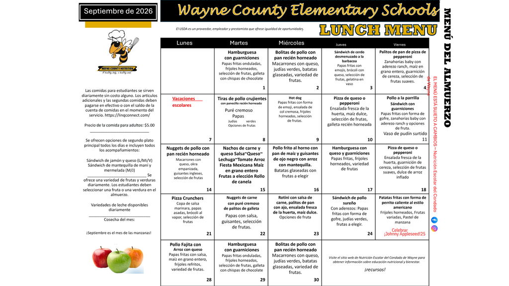 A digital lunch menu for Wayne County Elementary Schools displays meals for the week. Each meal lists ingredients and preparation.