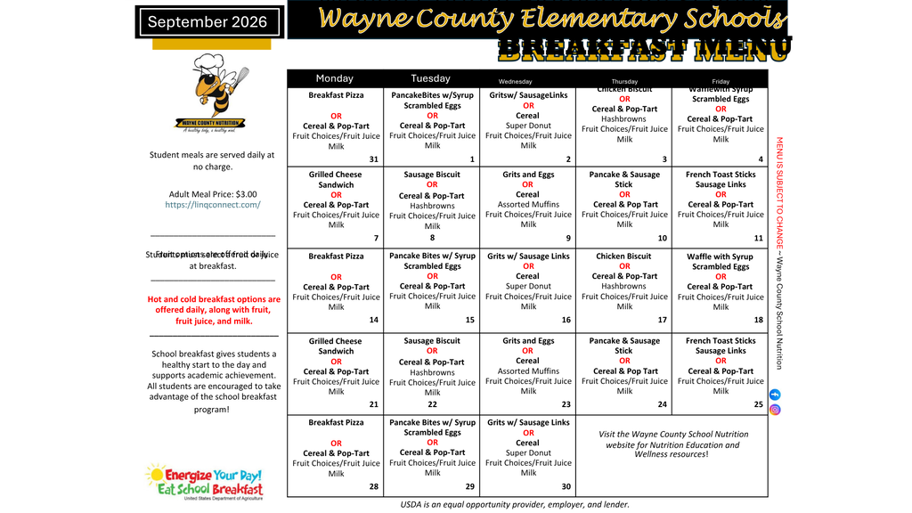 Menu with bold, capitalized headings and a mascot. Text in boxes for the week's meals.