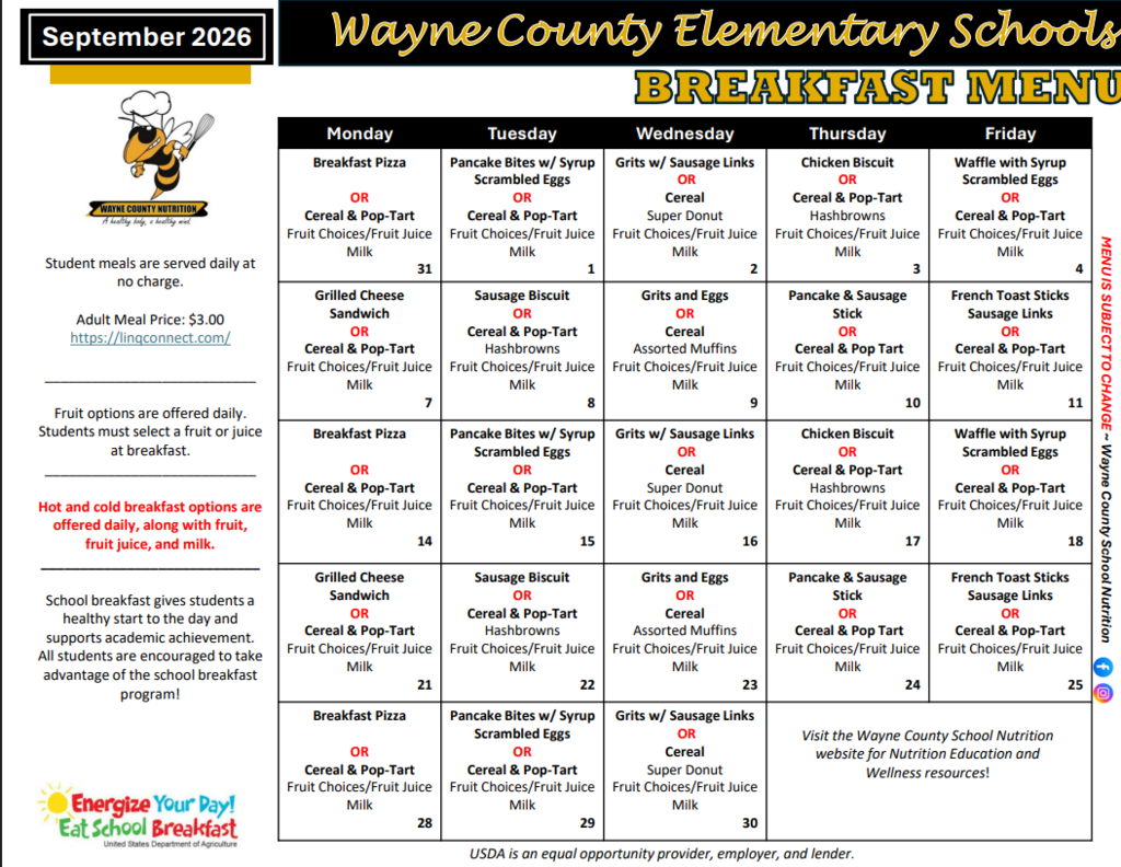 September Lunch and Breakfast Menus