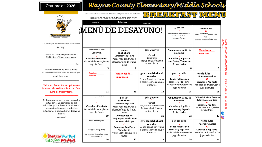 A menu lists breakfast options in English and Spanish for Wayne County Elementary/Middle Schools.
