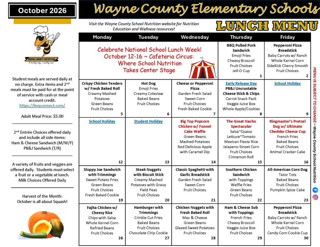 A menu from October 2016 for Wayne County Elementary Schools. It includes lunch menu items for weekdays.
