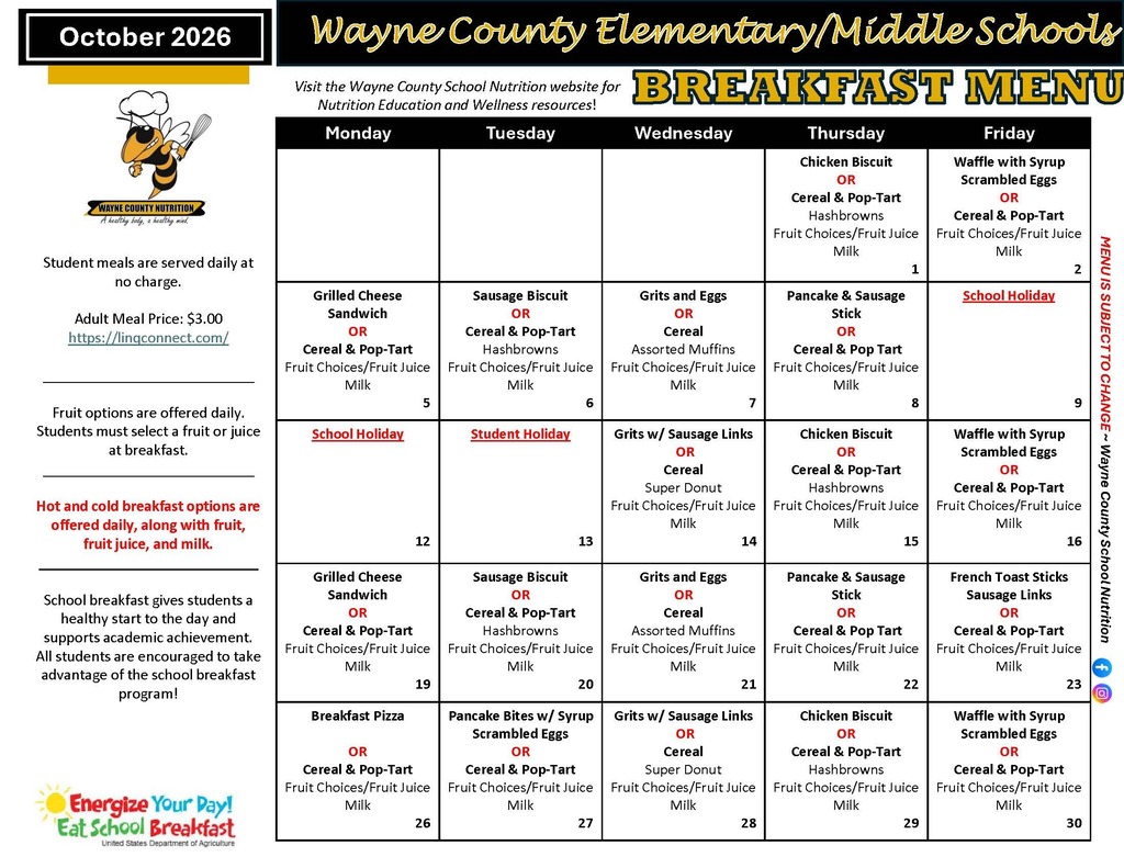 A monthly breakfast menu for October 2026 in Wayne County Elementary/Middle Schools, displaying days from Monday to Friday and their corresponding meal options.