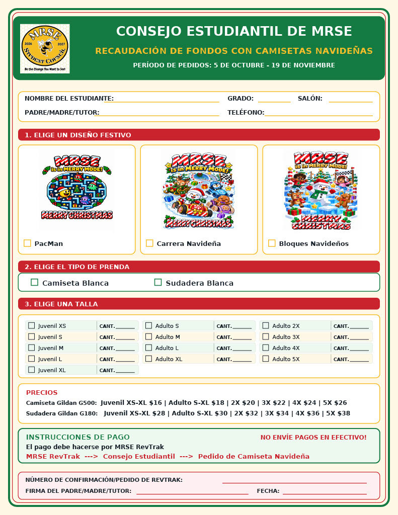 A form requests student names, parent names, contact details, and selects Christmas T-shirt designs. Background is plain green.