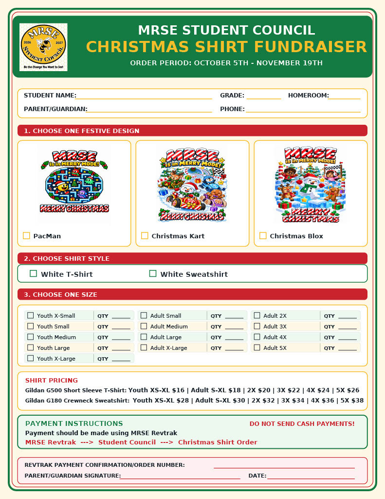 A form for ordering Christmas shirts, with sections for personal details, design choices, shirt style, size, and payment instructions.