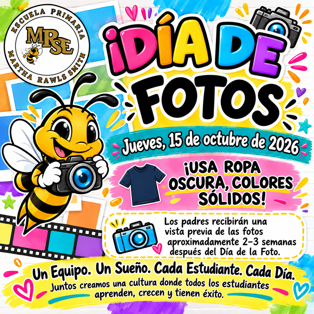 Event poster with a bee holding a camera. Text reads "Día de Fotos" with date, dress code, and details about a photo session.