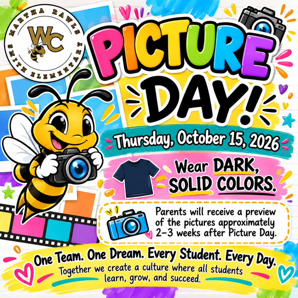 An advertisement with a smiling bee holding a camera. Text: PICTURE DAY! Thursday, October 15, 2026. Wear dark, solid colors.