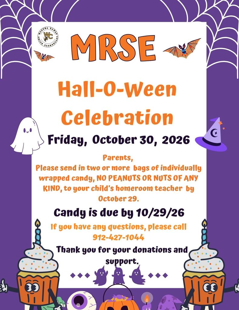 An event flyer for the MRSE Hall-O-Ween Celebration on October 30, 2026. It includes a Halloween theme with ghosts, bats, and pumpkins.