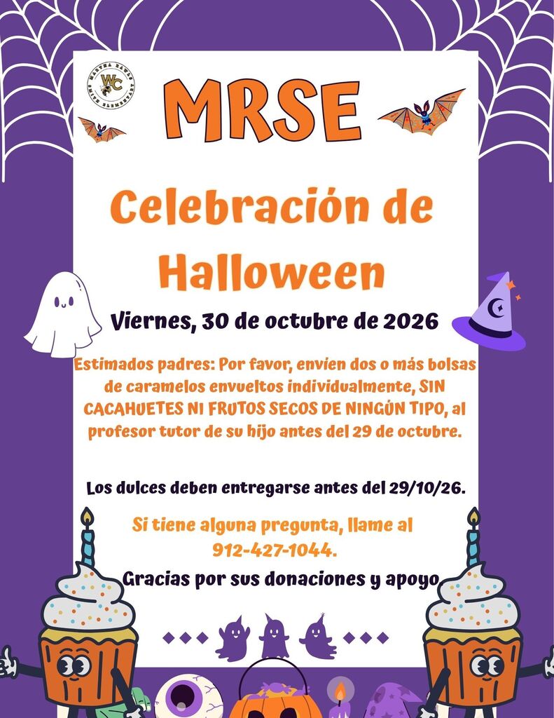 Poster with "MRSe Celebración de Halloween" in orange text on a purple background. Spider webs, ghosts, bats, and pumpkins appear.