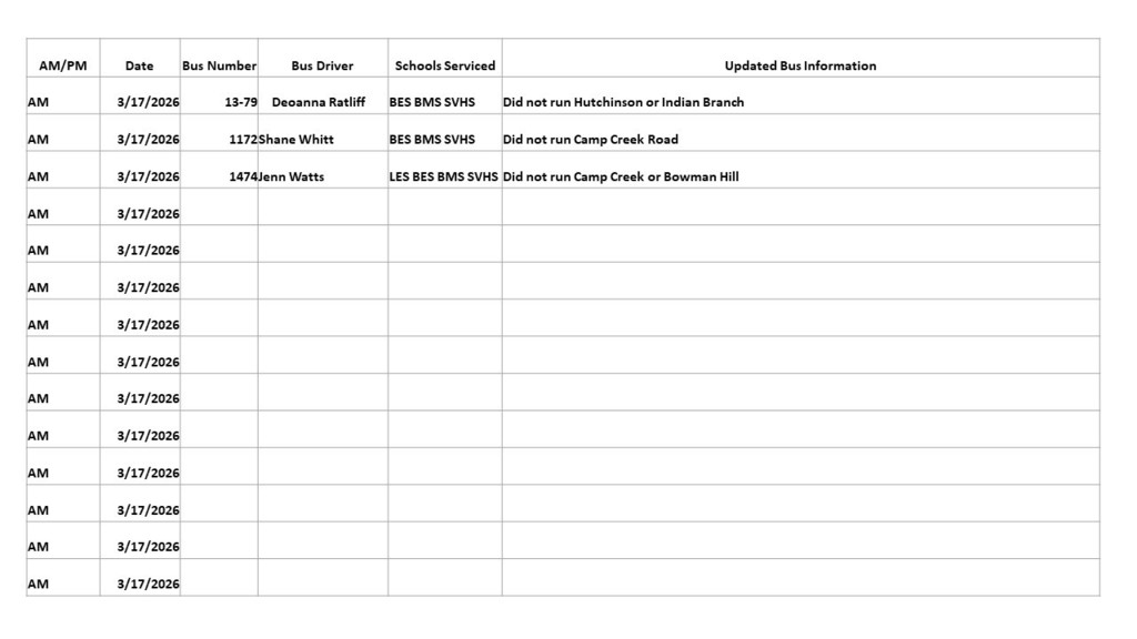 List of buses and roads not run on 3-17-26