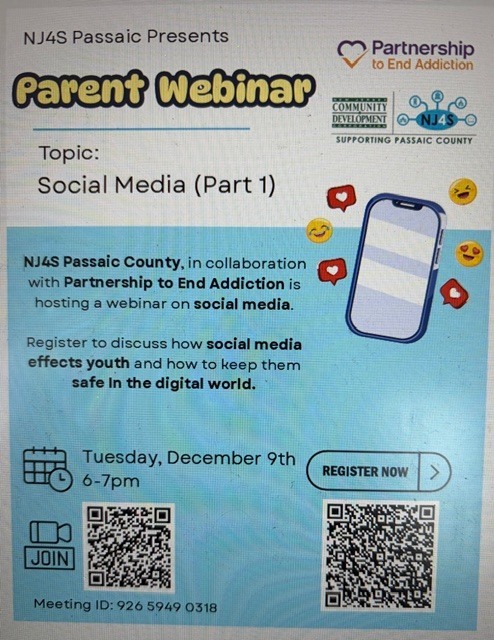 social media parent webinar presented bh NJ4S Passaic with QR codes for tuesday december 9 from 6-7