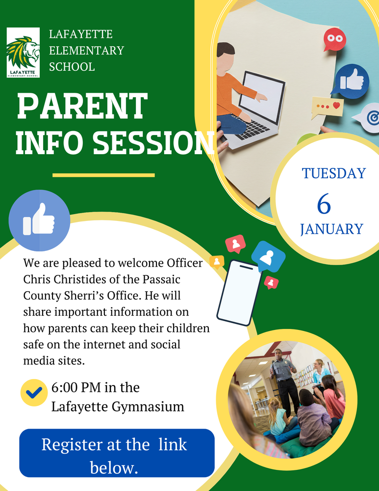 parent info session Passaic County Sherrif's office tuesday jan 6 at 6:00