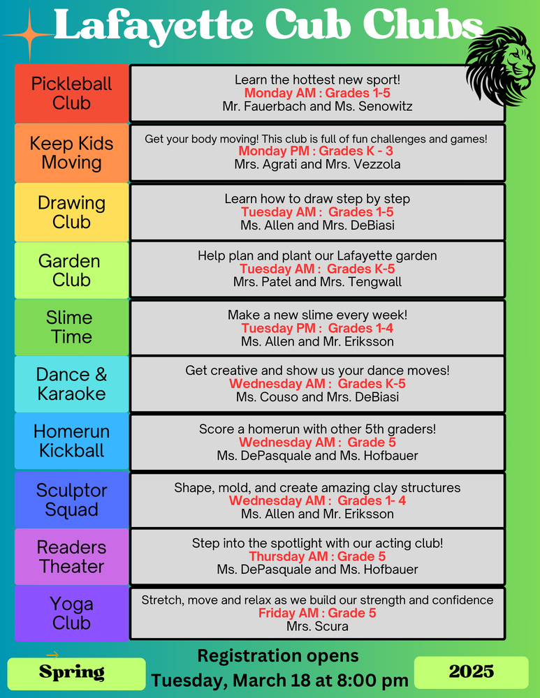 lafayette cub club list for sprin 2025