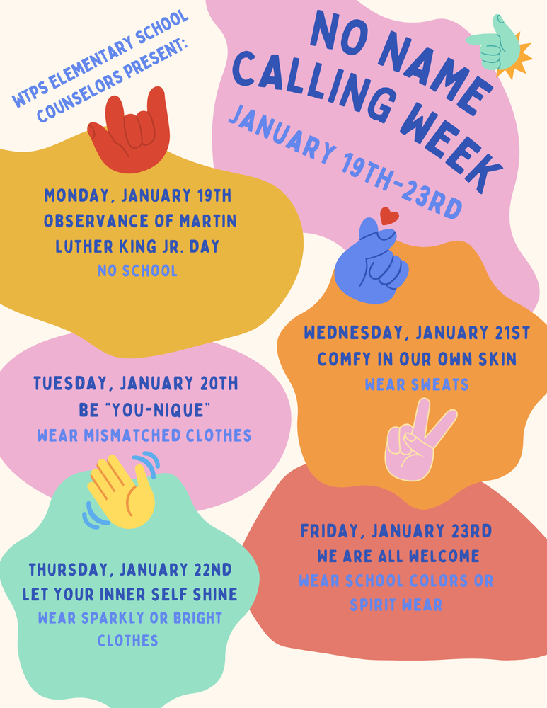 WTPS No Name Calling Week spirit days 1-19 to 1-23