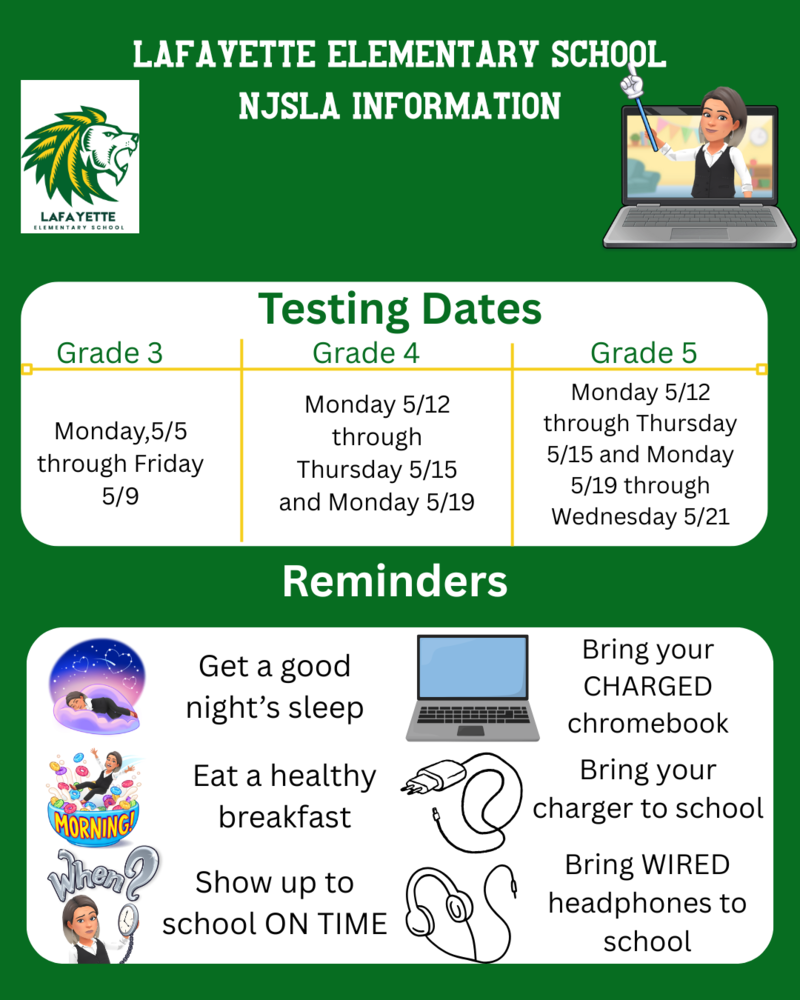 lafayette elelmentary school NJSLA information inclusing testing dates and reminders for success with the test