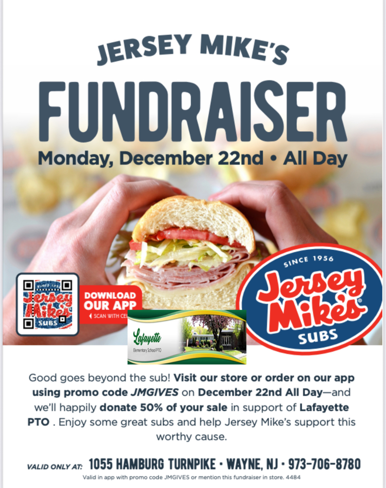 jersey mike's fundraiser mnday december 22 all day support the PTO using the code JMGIVES