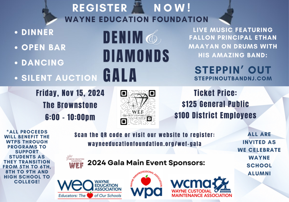 WEF Denim & Diamonds Gala Registration poster with description of event dinner, opne bar, dancing, silent auction, Friday Nov. 15 2024 @ the Brownstone 6:00-10:00
