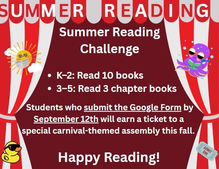 Summer Reading: K-2 Reading 10 books, 3-5 Read 3 Chapter Books. Submit the Google Form by September 12th.