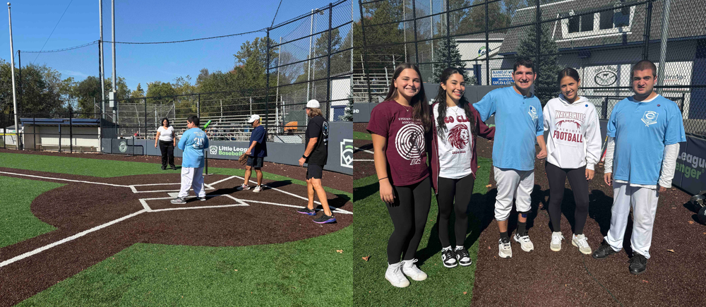 Students standing on a baseball field