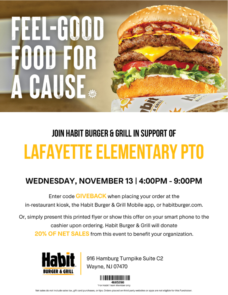fundraiser habit burger 11-13 from 4 to 9 picture of burger and directions to use code giveback to have proceeds go to lafayette pto