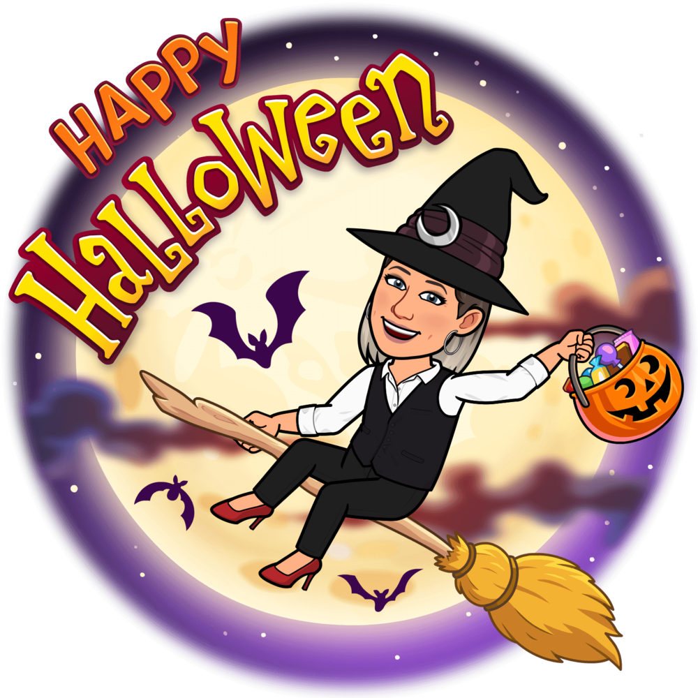 Mrs Avgerinos on broom as witch saying happy halloween