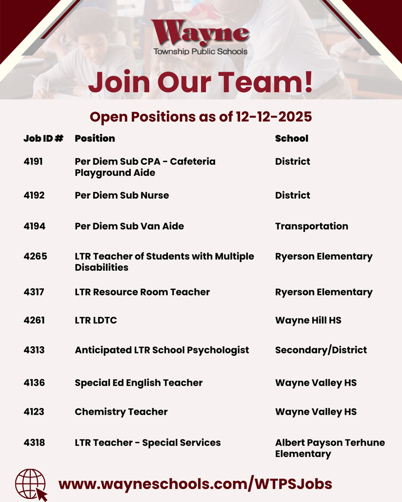 Join us at Wayne Township Public Schools! www.wayneschools.com/WTPSJobs