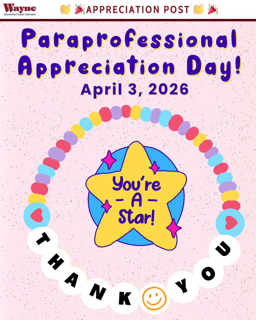 Poster with a pink background and blue circle. A yellow star says "You're a star!" in white. Text reads "Paraprofessional Appreciation Day! April 3, 2026."