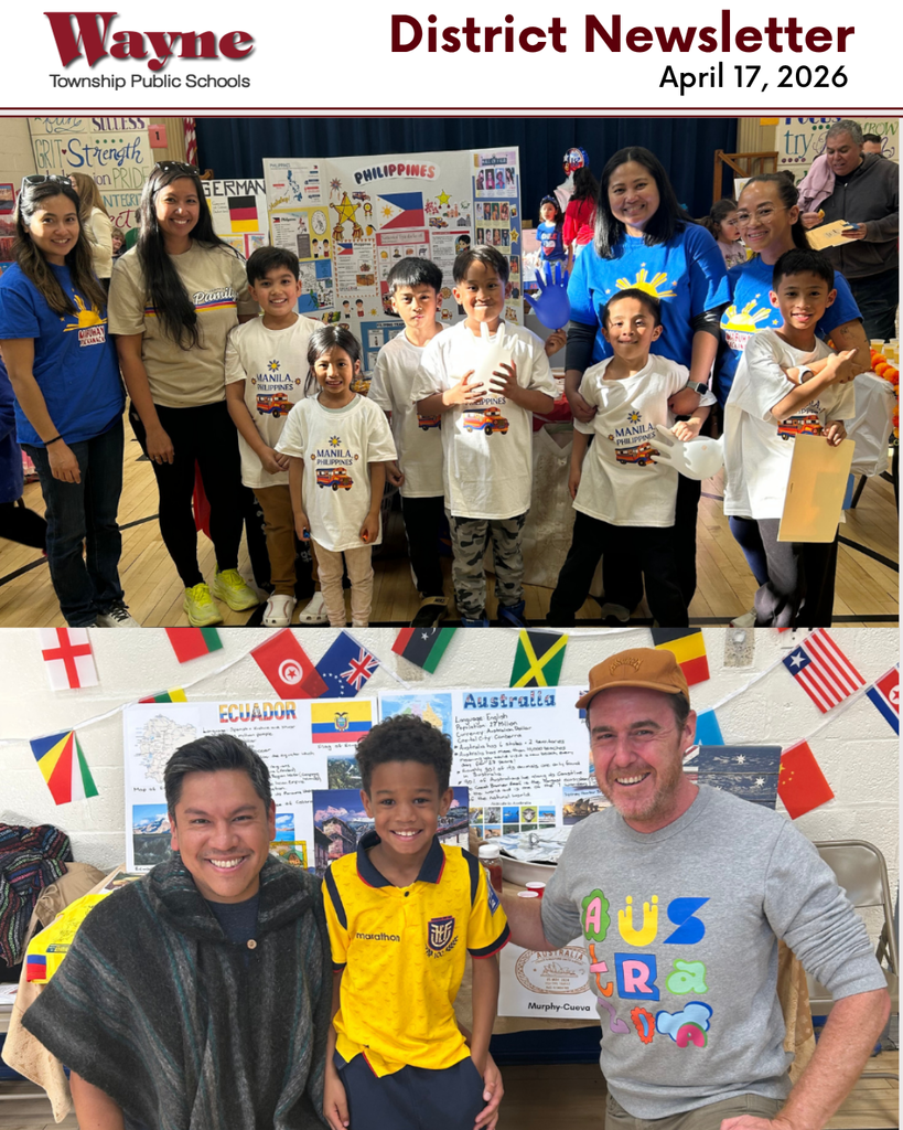 Collage of two images from a newsletter; top: students in white shirts, some with flags; bottom: two adults with a child in a yellow shirt.
