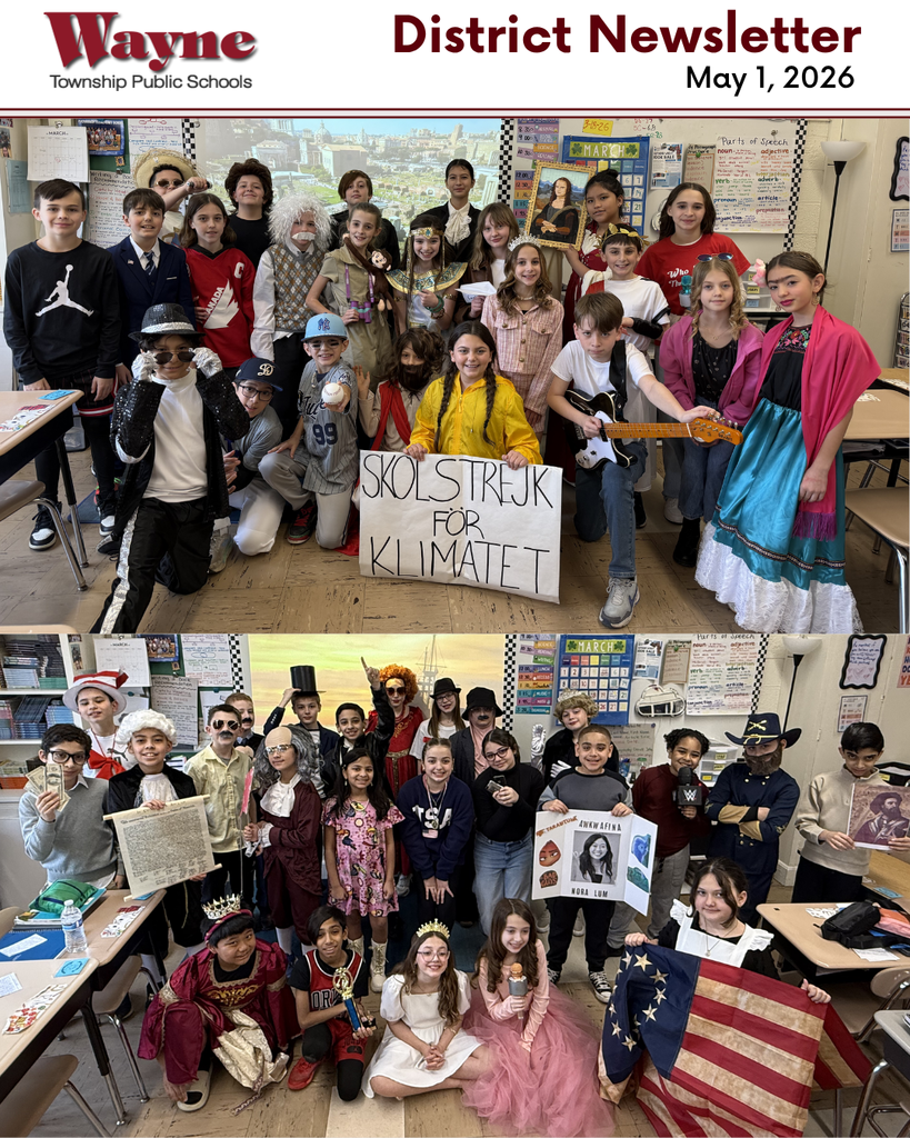 A newsletter page shows two photos of students in costumes. One shows a protest sign for climate change.