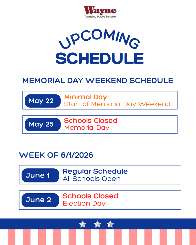 A Wayne Township Public Schools schedule with two Memorial Day weekend dates and a week of June 2026.
