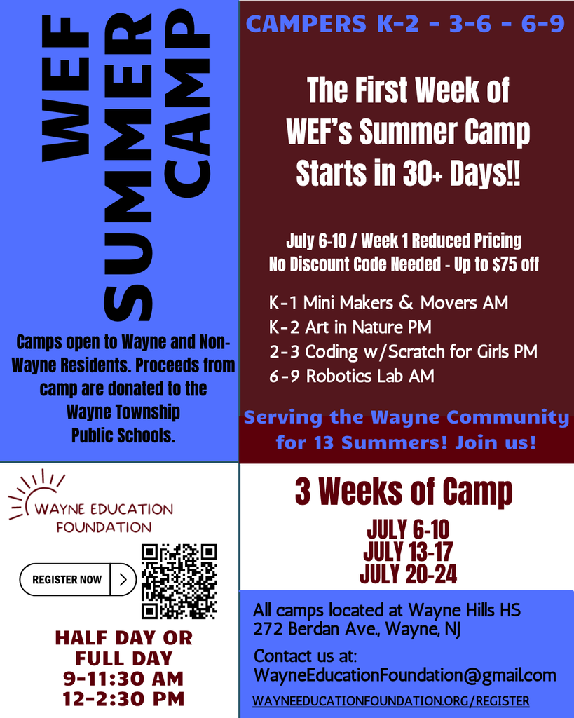 Summer camp flyer with multiple sections. K-2, 3-6, 6-9 age groups available. Contact info and QR code present.