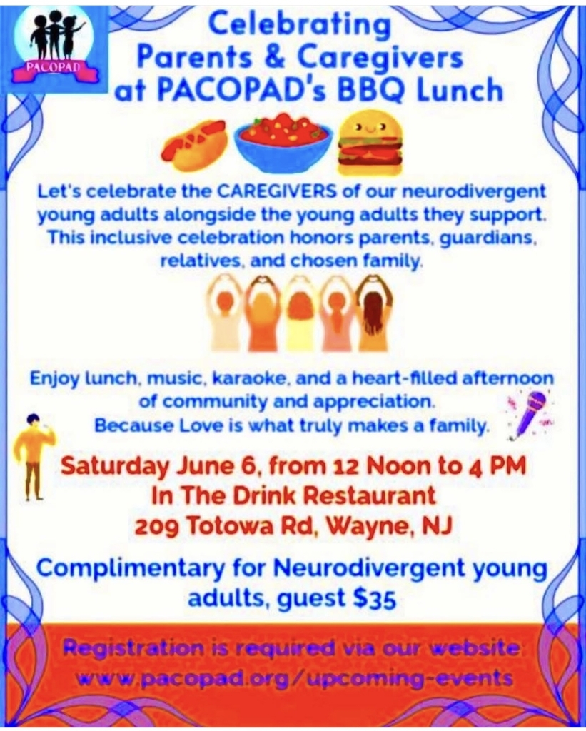 Advertisement for PACOPAD's BBQ Lunch. It highlights a celebration for parents and caregivers of neurodivergent young adults.
