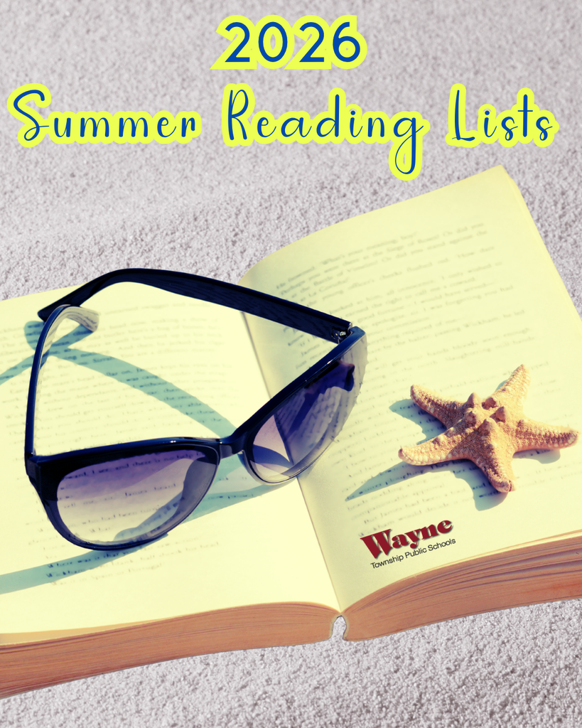 Open book with glasses and a starfish, displaying "2026 Summer Reading Lists" and "Wayne" in yellow text on white background.