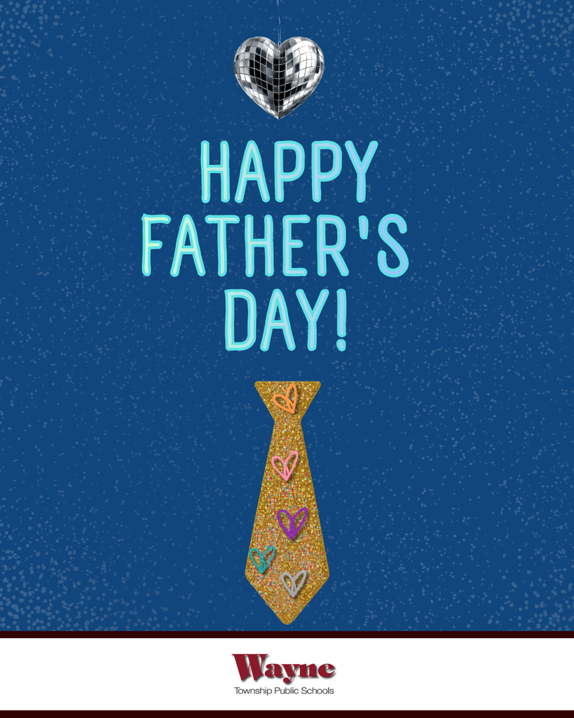 Blue background with a tie. Above it is a disco ball and text "HAPPY FATHER'S DAY!". Logo reads "Wayne".