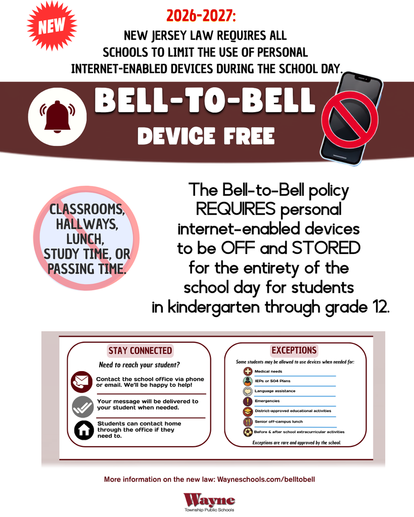 Advertisement about Bell-to-Bell policy for New Jersey law. Devices must be off and stored during school day. Exceptions apply.