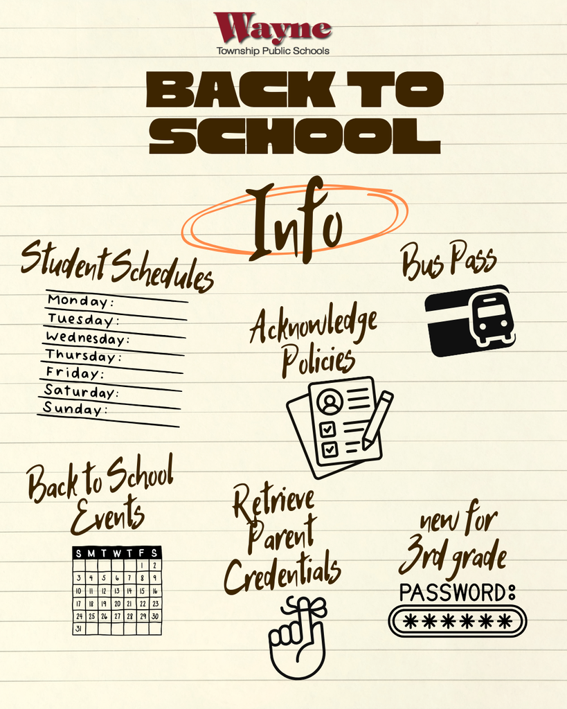 A white page with a blue border contains Wayne Township Public Schools "Back to School" information. A calendar, bus pass, and other icons are shown.