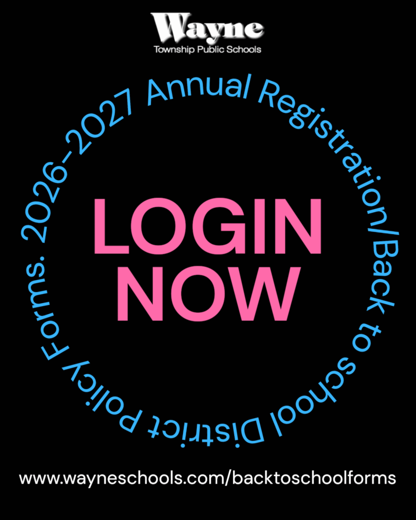 A circular Wayne Township Public Schools logo with pink and blue text, "LOGIN NOW", and a black background.