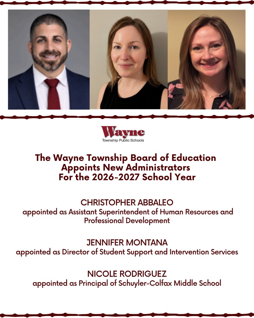 A poster announces the appointment of three new administrators by the Wayne Township Board of Education for the 2026-2027 school year.