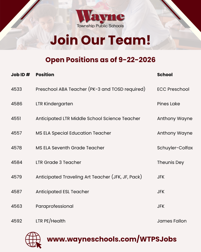 A white and maroon page displays "Join Our Team!" with an open positions list from 9-22-2026. Roles include Preschool ABA Teacher and MS ELA Special Education Teacher.