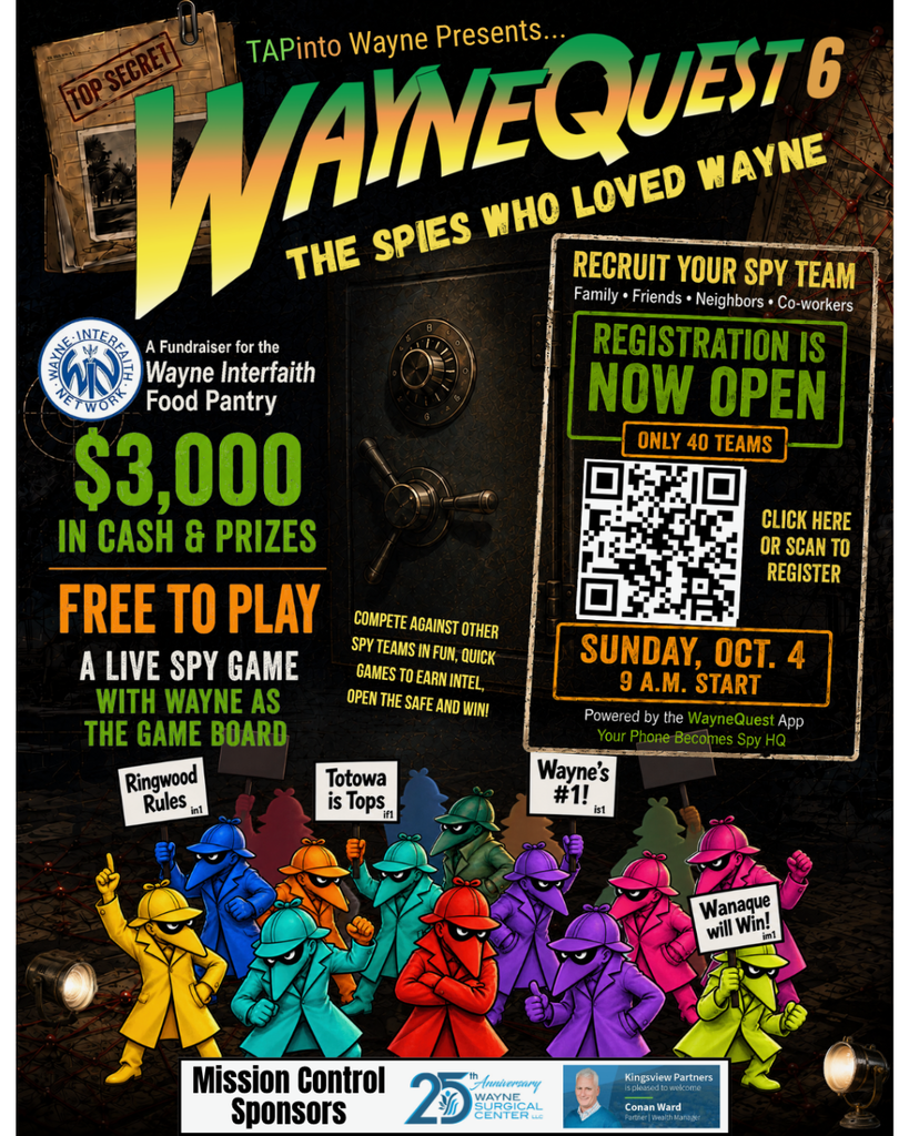 A poster advertises "WayneQuest 6: The Spies Who Loved Wayne." A black door with a QR code, an image of a hand, and colorful characters is shown.