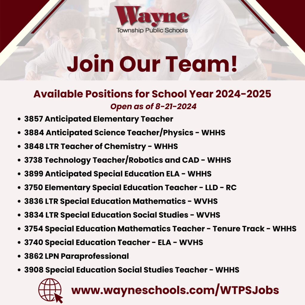 Join our team! View Available Positions for the School Year 2024-2025 Apply now www.wayneschools.com/WTPSjobs